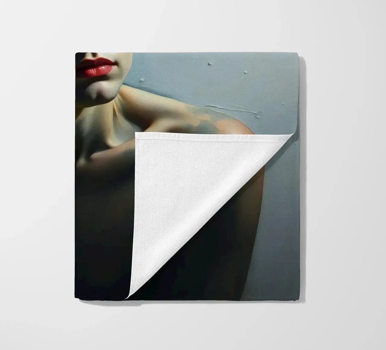 Expression of vulnerability and contemplation in a dimly lit beach towel by DesignDoodle