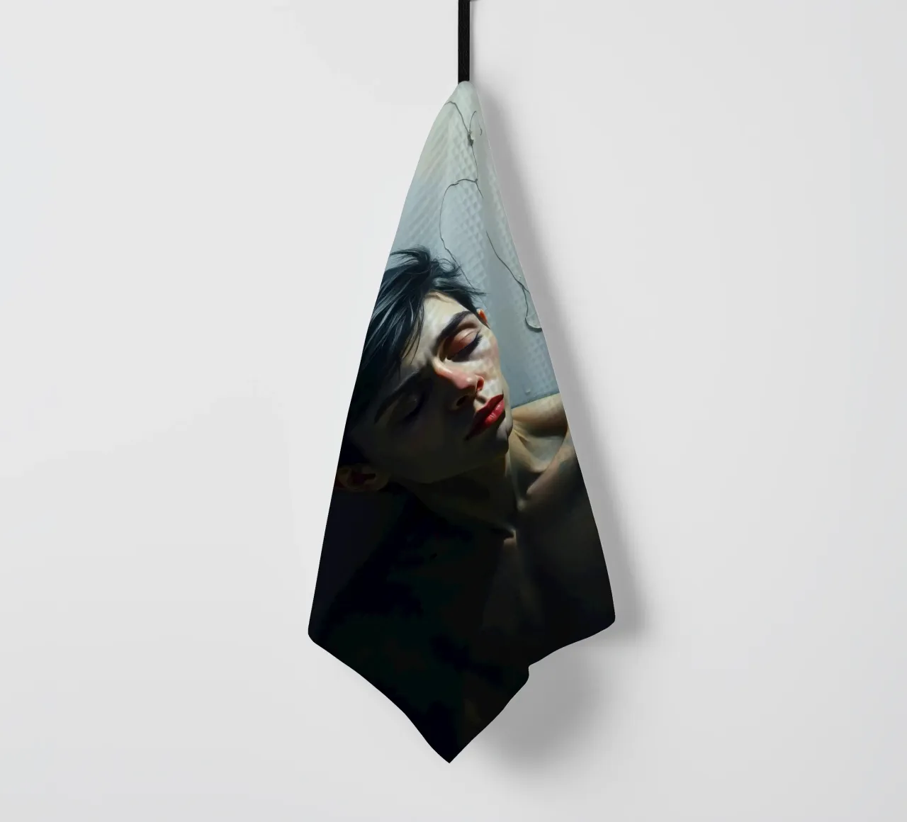 Expression of vulnerability and contemplation in a dimly lit tea towel by DesignDoodle