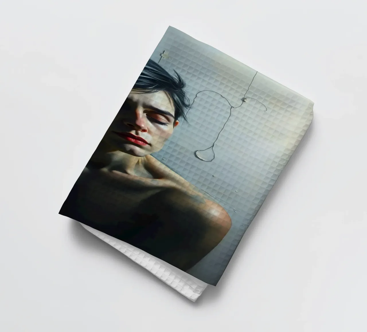 Expression of vulnerability and contemplation in a dimly lit tea towel by DesignDoodle