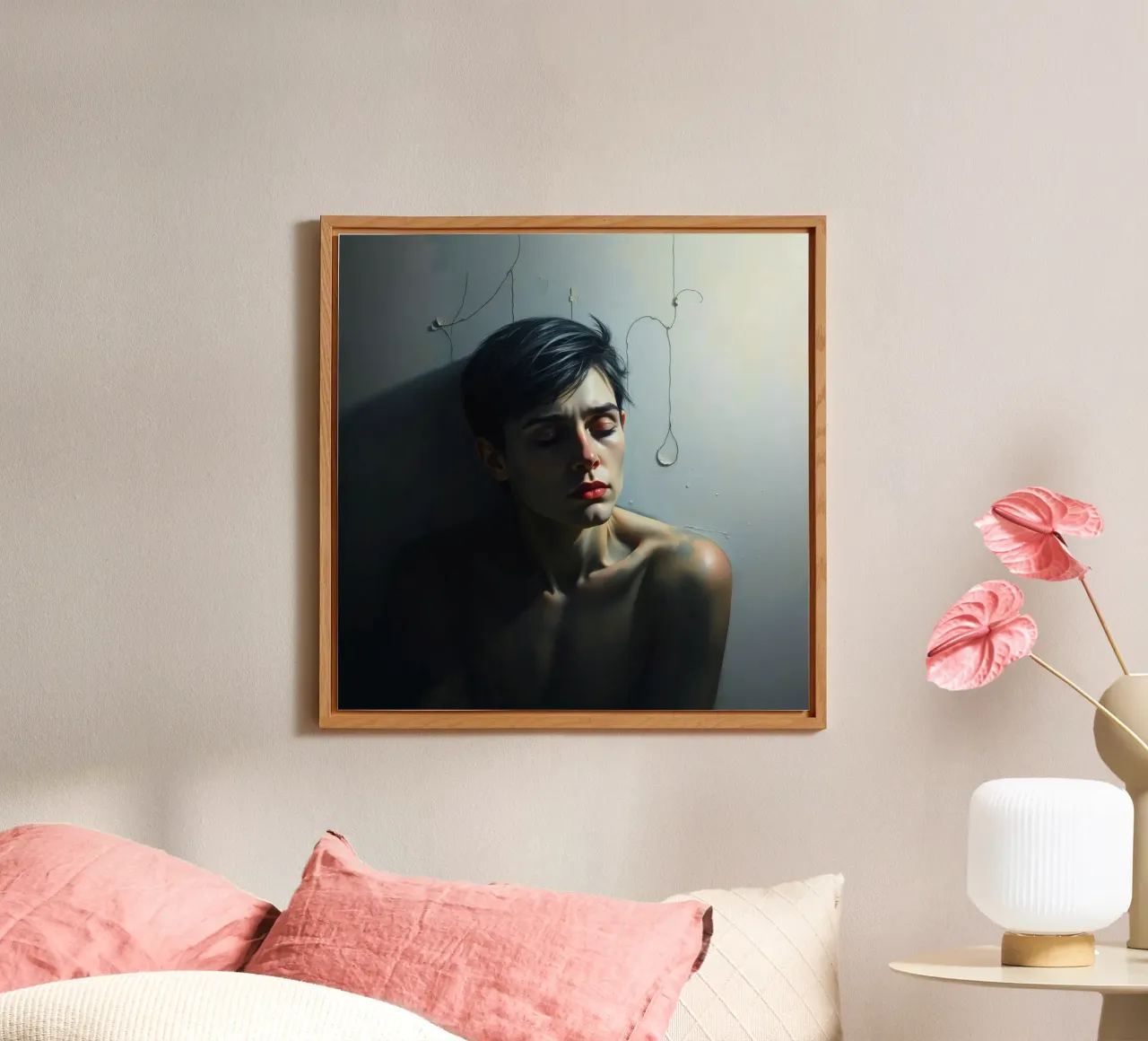 Expression of vulnerability and contemplation in a dimly lit alu-dibond by DesignDoodle