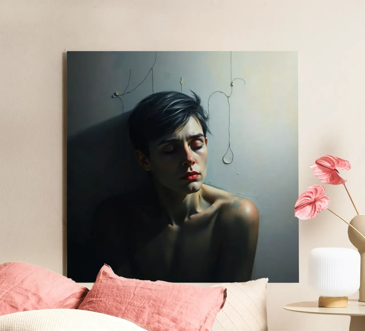 Expression of vulnerability and contemplation in a dimly lit alu-dibond by DesignDoodle