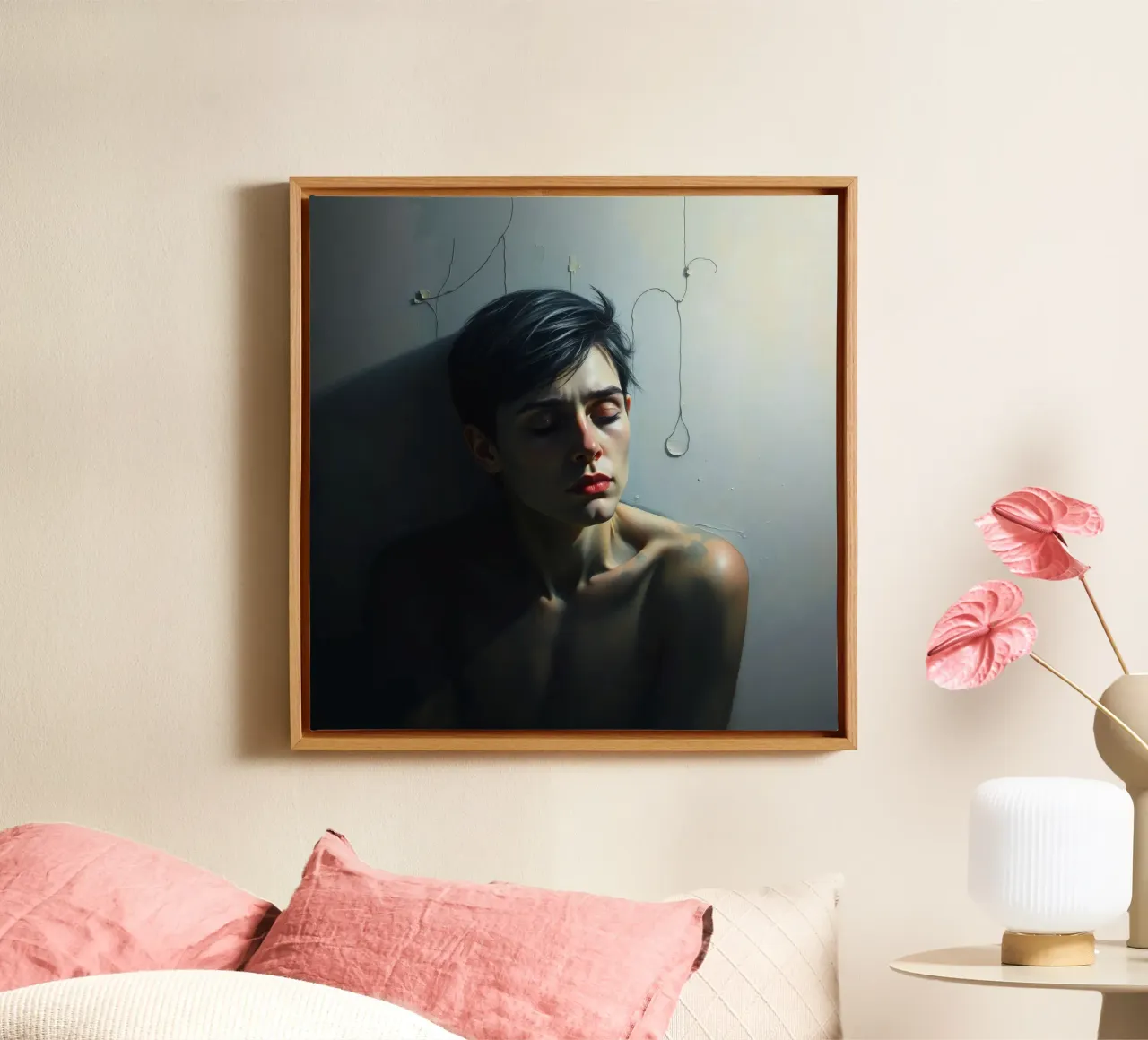 Expression of vulnerability and contemplation in a dimly lit canvas by DesignDoodle