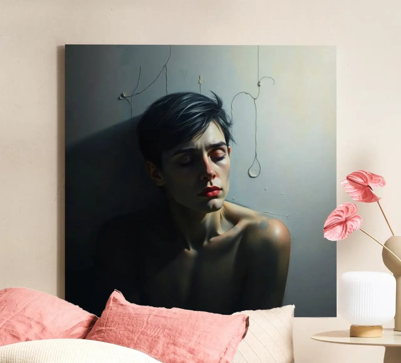 Expression of vulnerability and contemplation in a dimly lit canvas by DesignDoodle