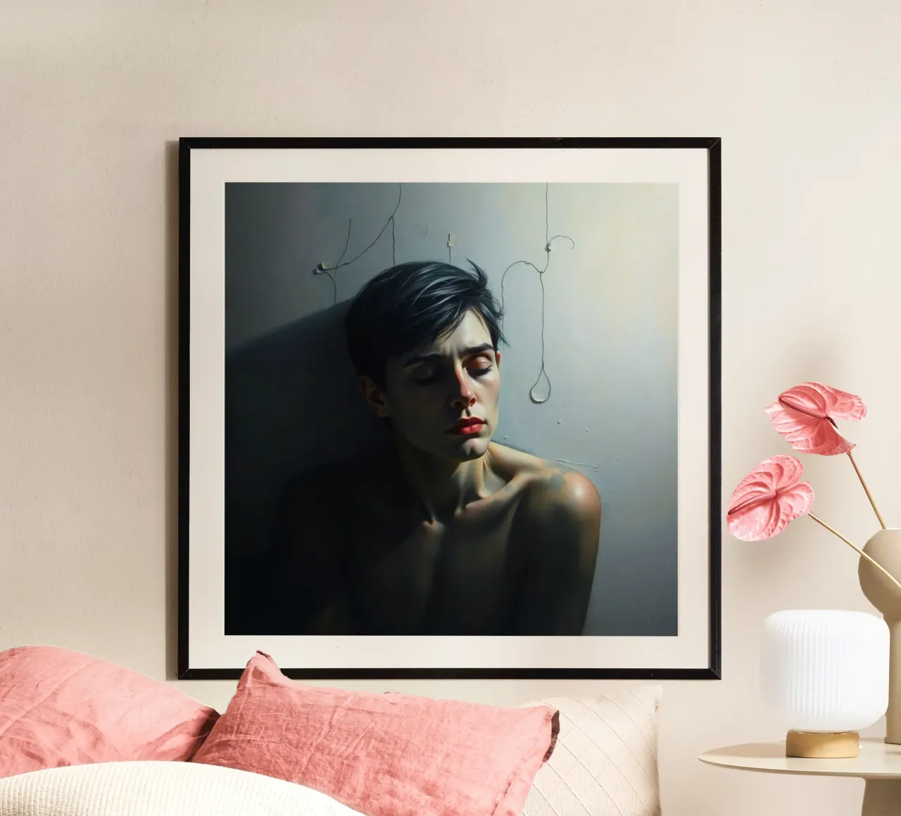 Expression of vulnerability and contemplation in a dimly lit hahnemühle by DesignDoodle