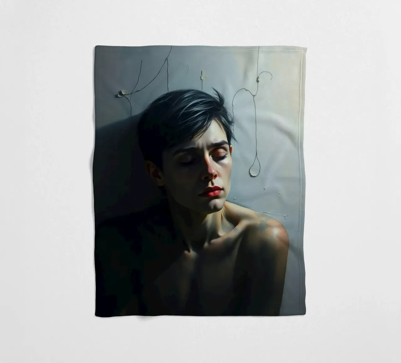 Expression of vulnerability and contemplation in a dimly lit fleece blanket by DesignDoodle