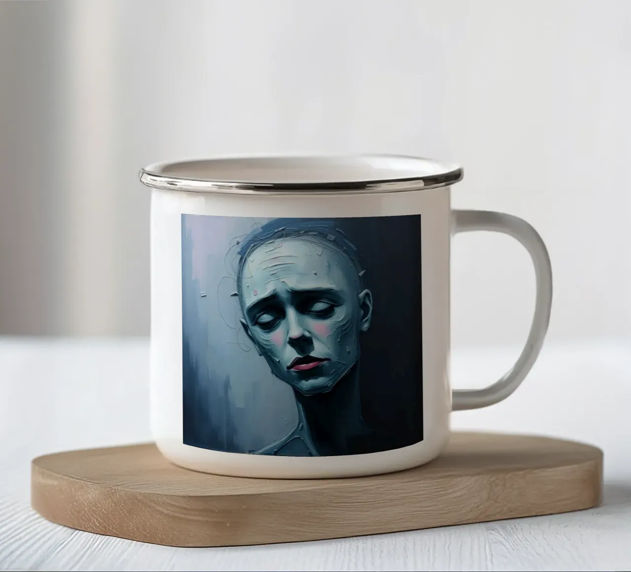 Ritratto emotivo di una figura con un'espressione serena tazza in smalto da DesignDoodle