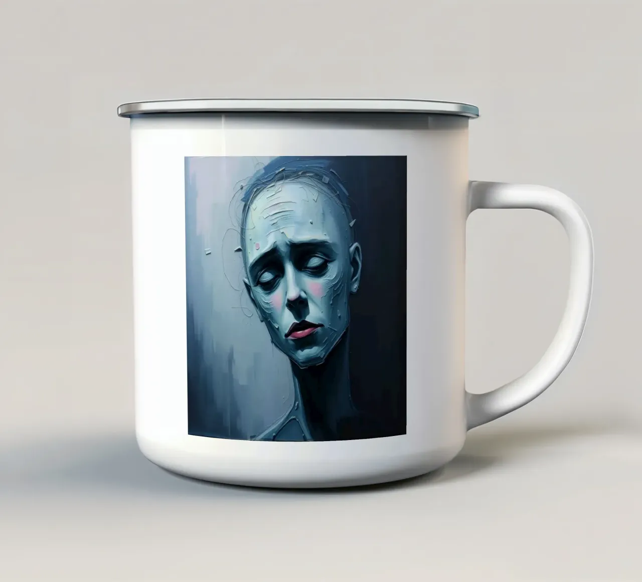Ritratto emotivo di una figura con un'espressione serena tazza in smalto da DesignDoodle