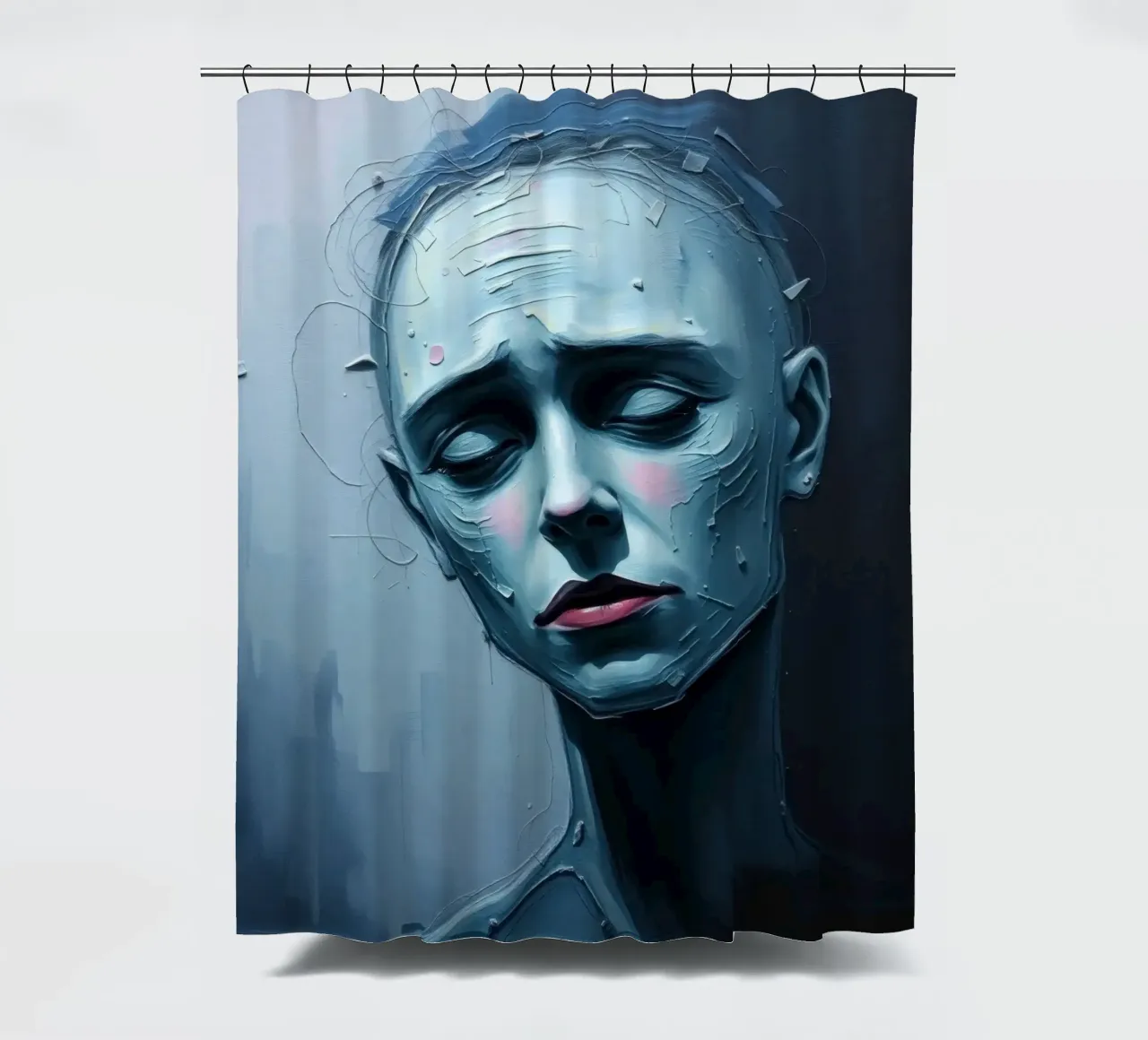 Emotional portrait of a figure with a serene expression shower curtain by DesignDoodle