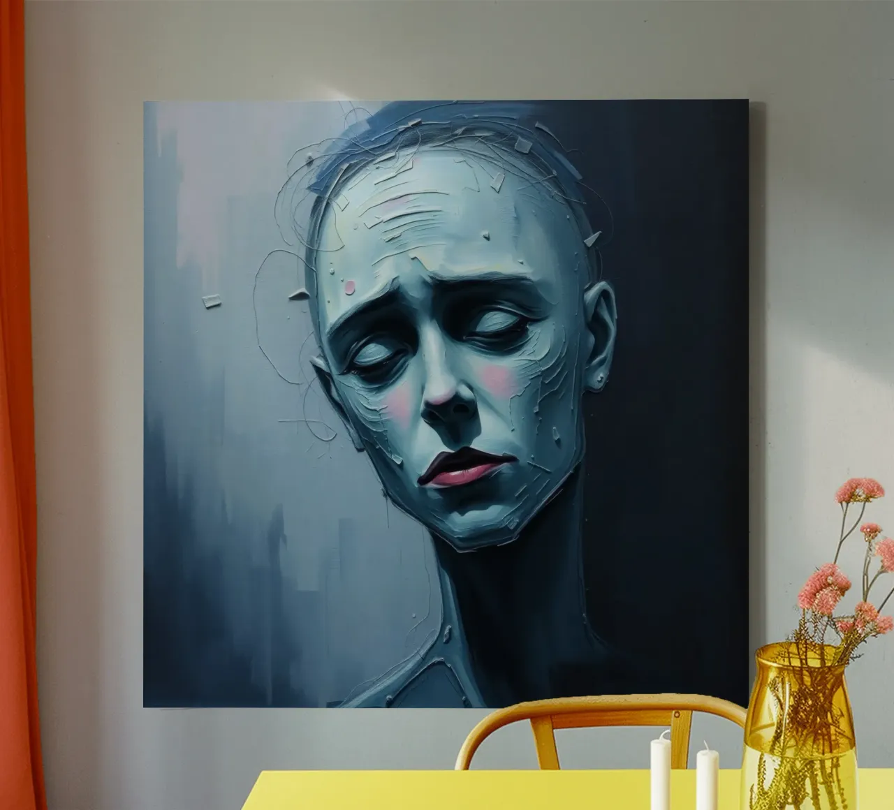 Emotional portrait of a figure with a serene expression canvas by DesignDoodle