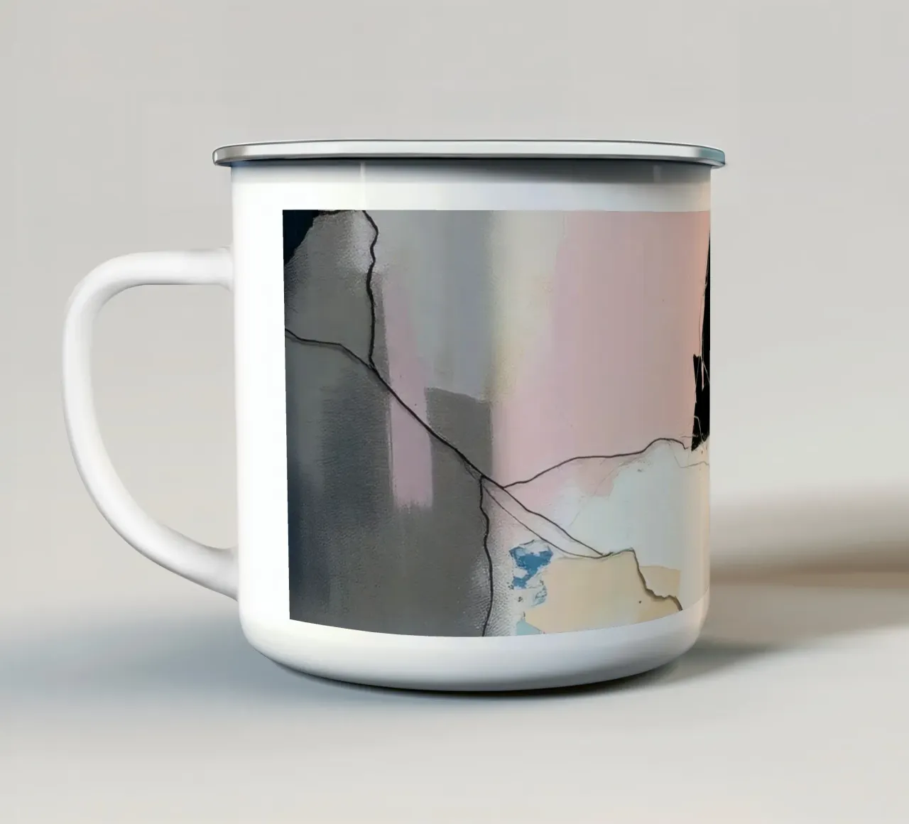 Abstracte kunstcompositie met gelaagde texturen emaille mok van DesignDoodle