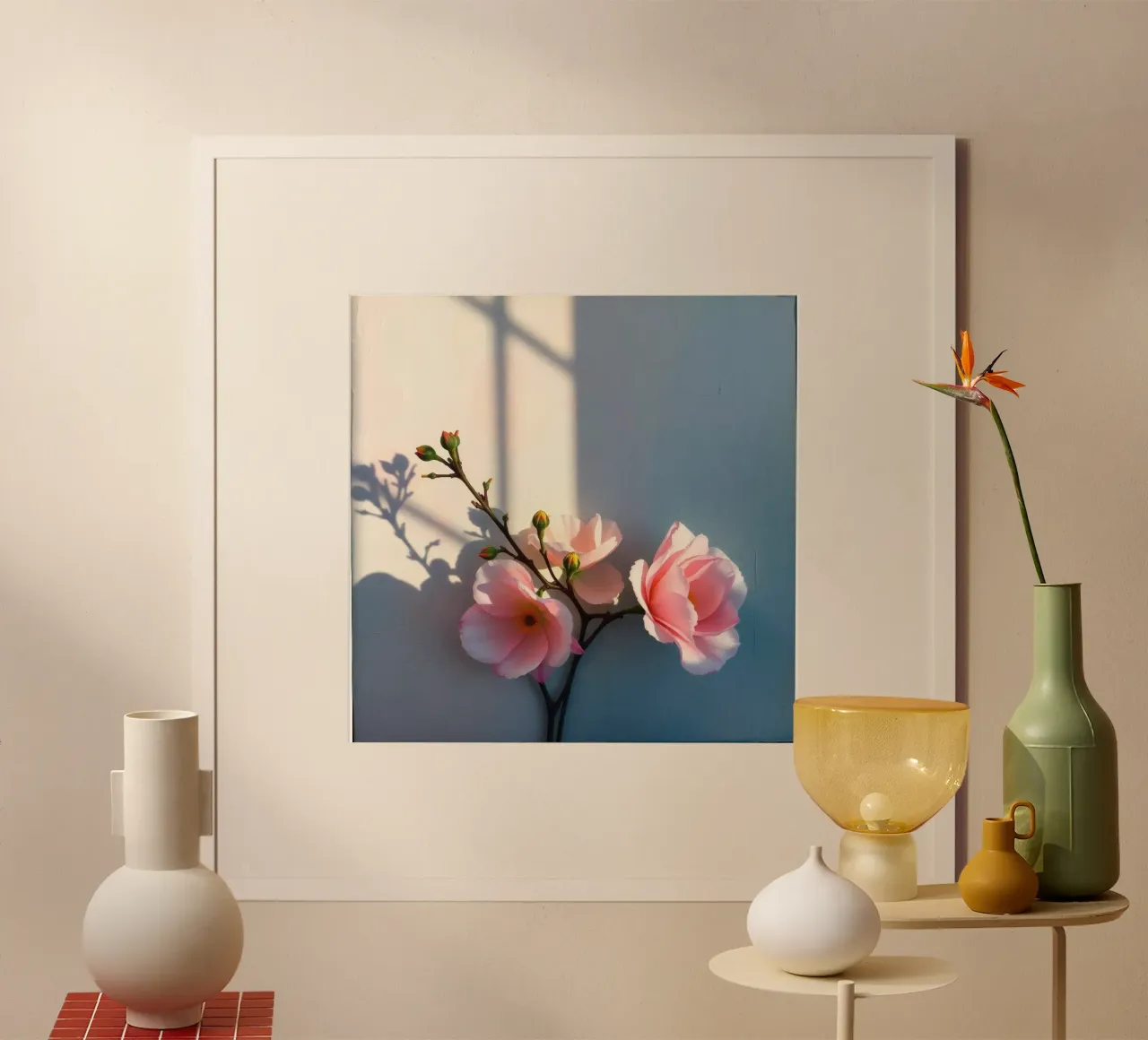Delicati fiori rosa che proiettano ombre morbide su una parete chiara poster da DesignDoodle