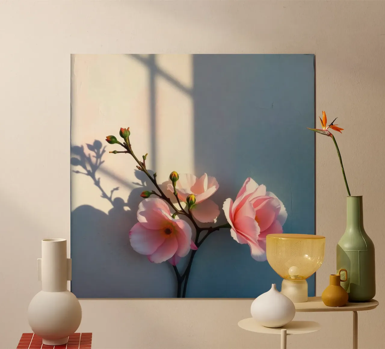 Delicati fiori rosa che proiettano ombre morbide su una parete chiara poster da DesignDoodle