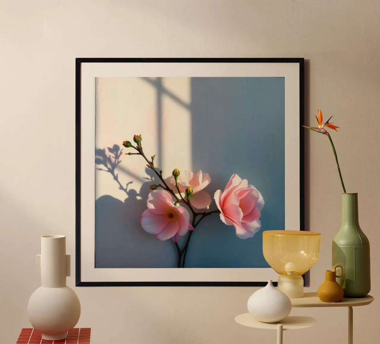 Delicati fiori rosa che proiettano ombre morbide su una parete chiara poster da DesignDoodle