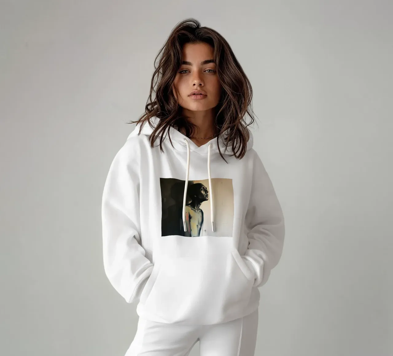 Contemplative portrait of a figure gazing upwards hoodie by DesignDoodle