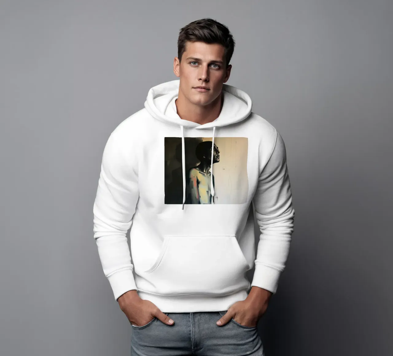 Contemplative portrait of a figure gazing upwards hoodie by DesignDoodle