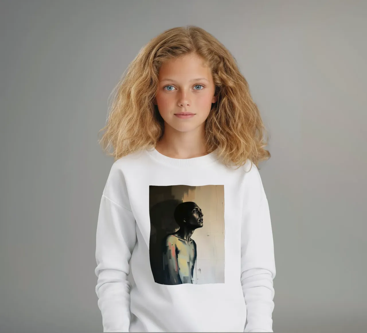 Kontemplatives Porträt einer nach oben blickenden Figur Kinder Sweatshirt von DesignDoodle