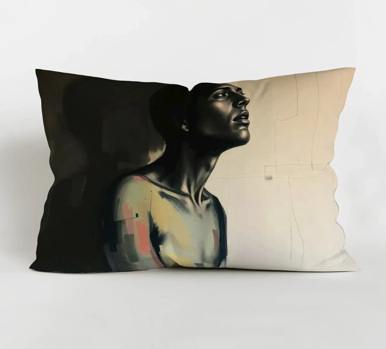 Contemplative portrait of a figure gazing upwards decorative cushion by DesignDoodle