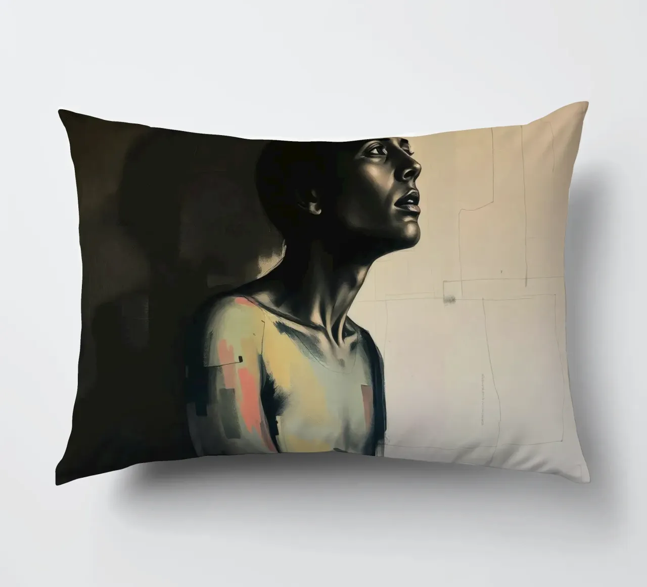 Contemplative portrait of a figure gazing upwards decorative cushion by DesignDoodle