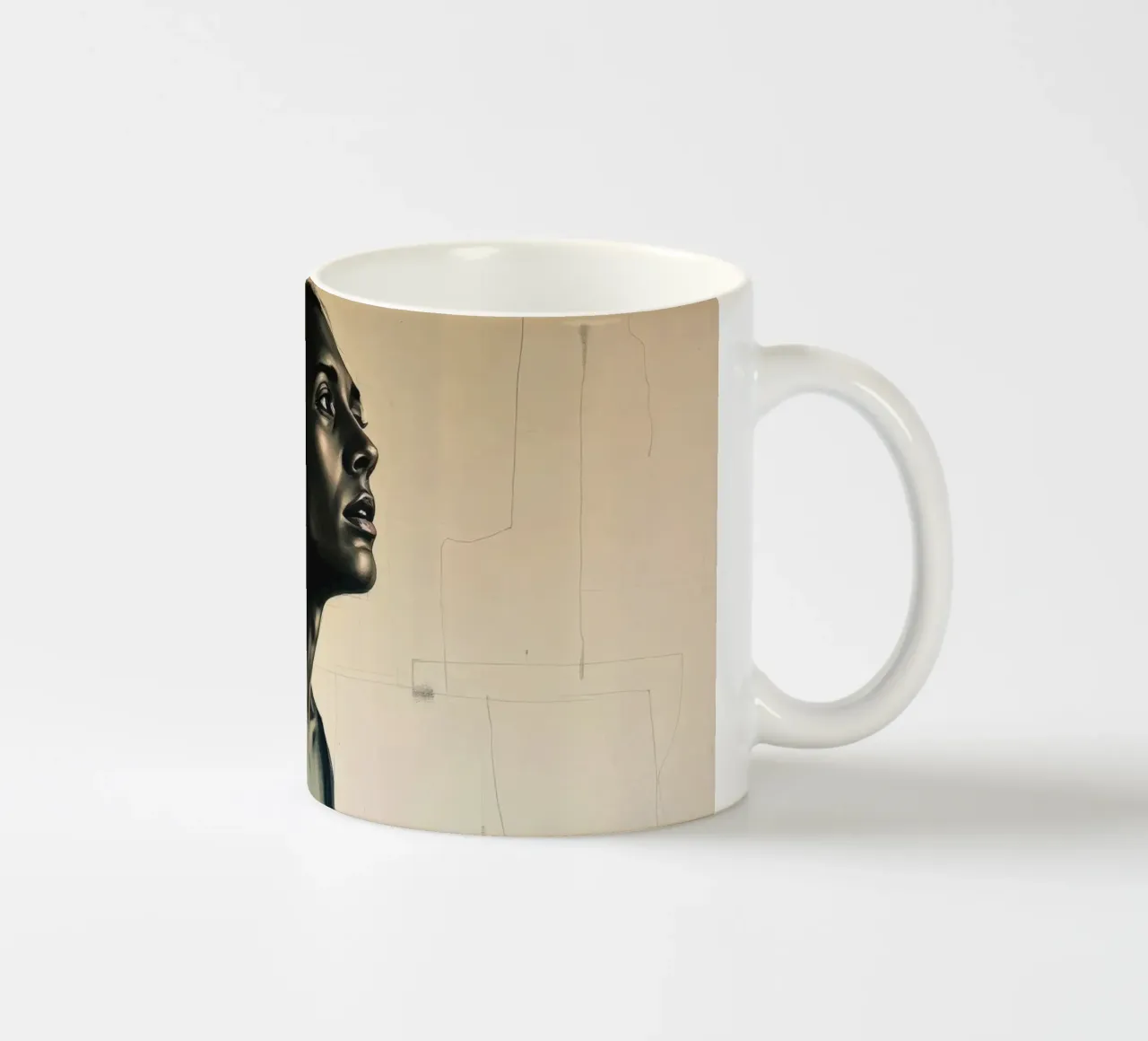 Ritratto contemplativo di una figura con lo sguardo rivolto verso l'alto tazza in ceramica da DesignDoodle