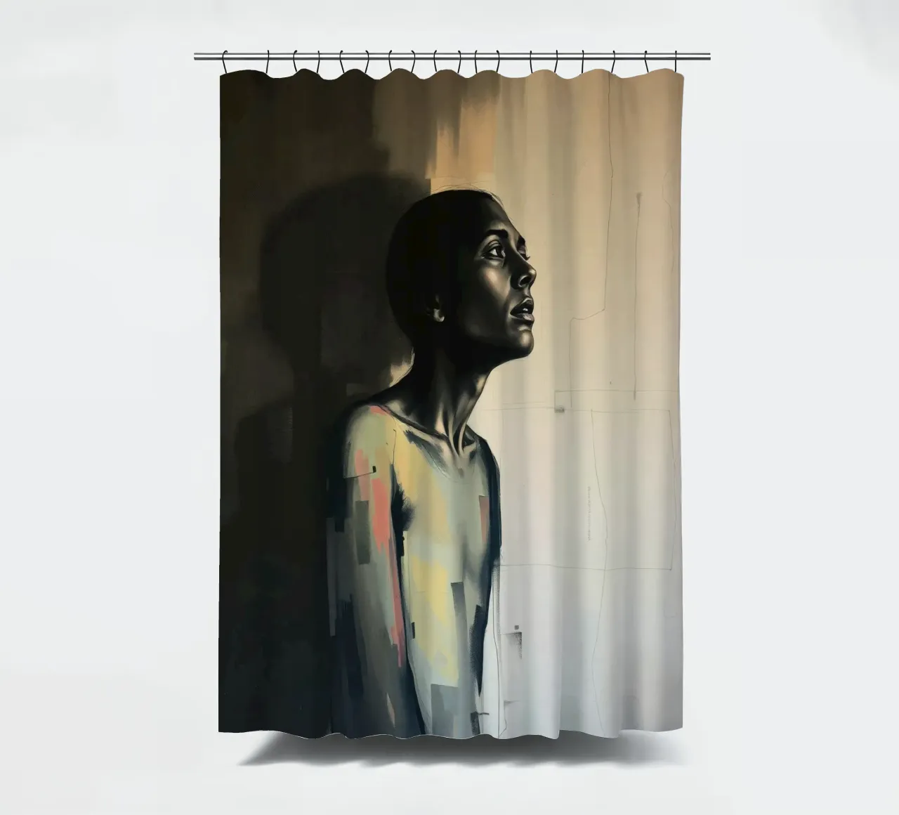 Kontemplatives Porträt einer nach oben blickenden Figur Duschvorhang von DesignDoodle