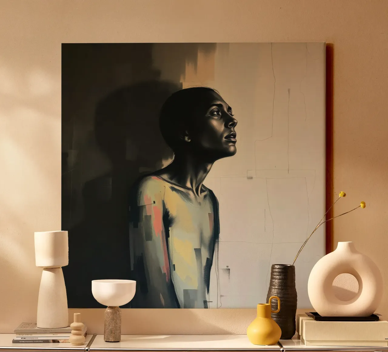 Overpeinzend portret van een omhoog starende figuur canvas van DesignDoodle