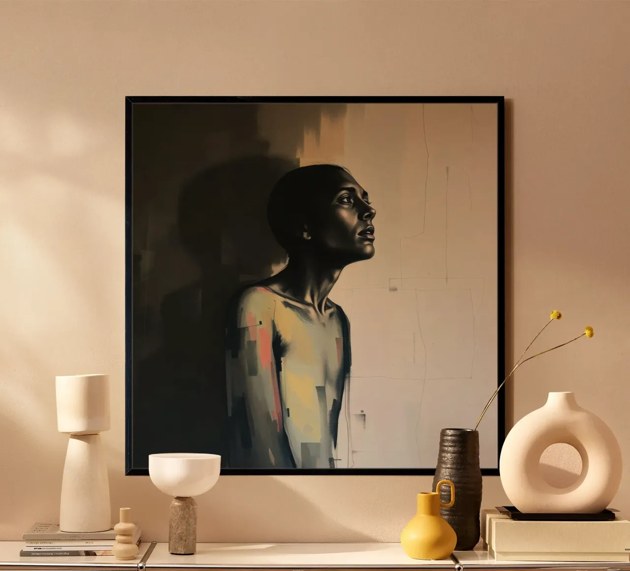 Ritratto contemplativo di una figura con lo sguardo rivolto verso l'alto poster con telaio in plastica da DesignDoodle