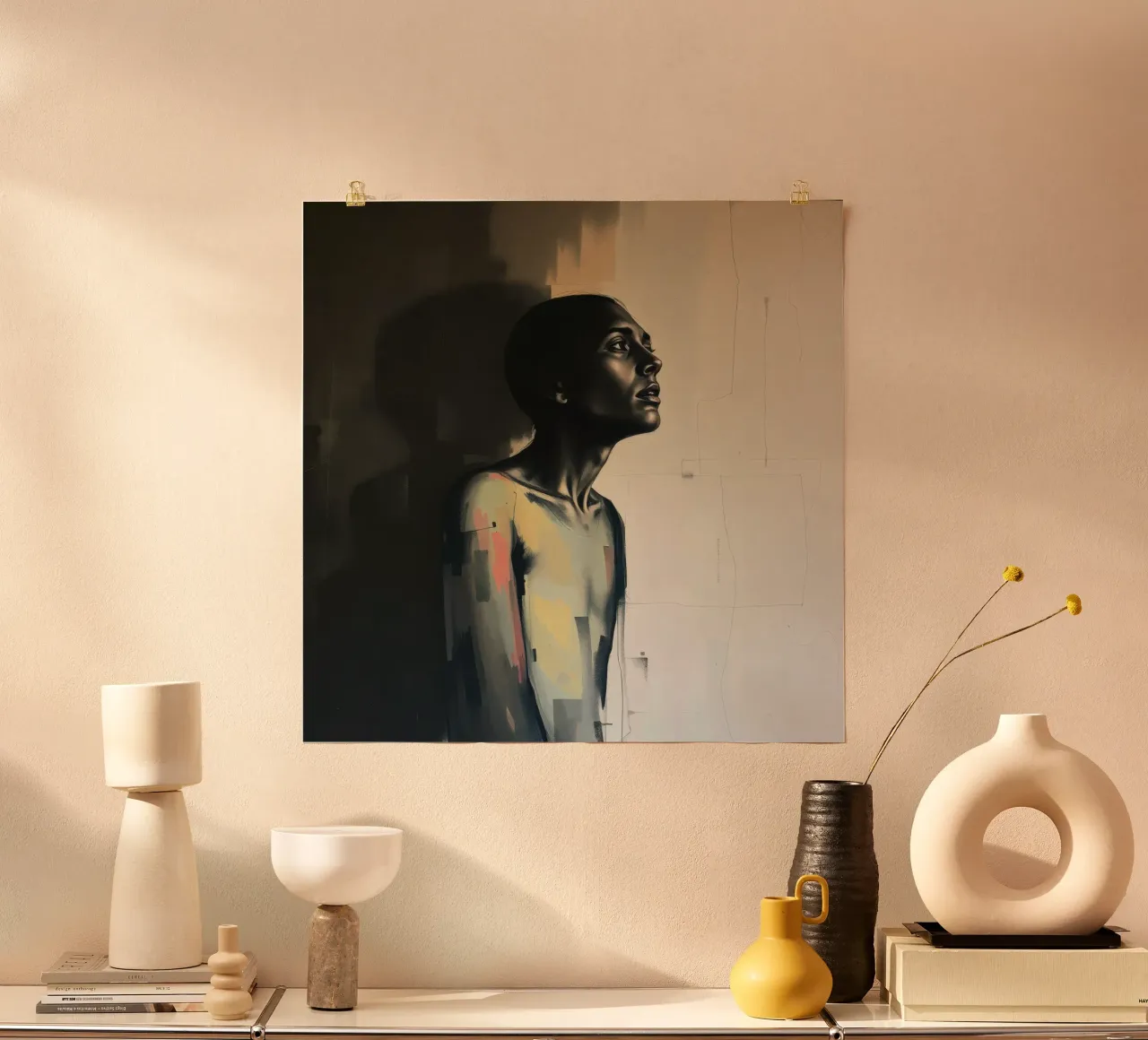 Ritratto contemplativo di una figura con lo sguardo rivolto verso l'alto poster con telaio in plastica da DesignDoodle