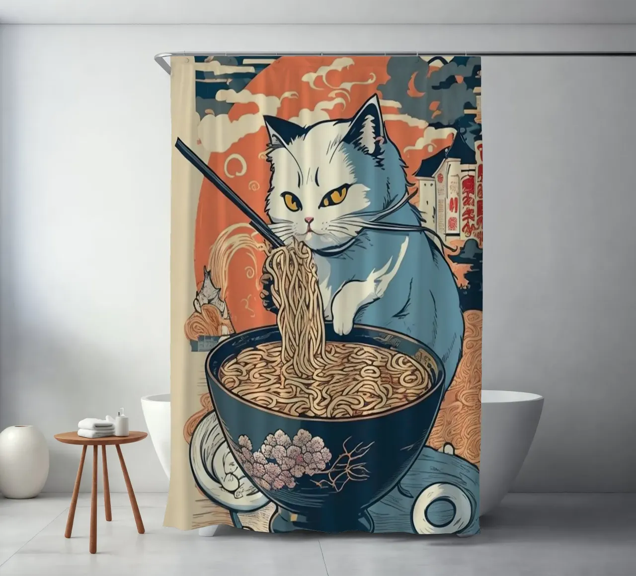 Gatto Tagliatelle giapponesi Ramen Kawaii tenda da doccia da Michel Studio