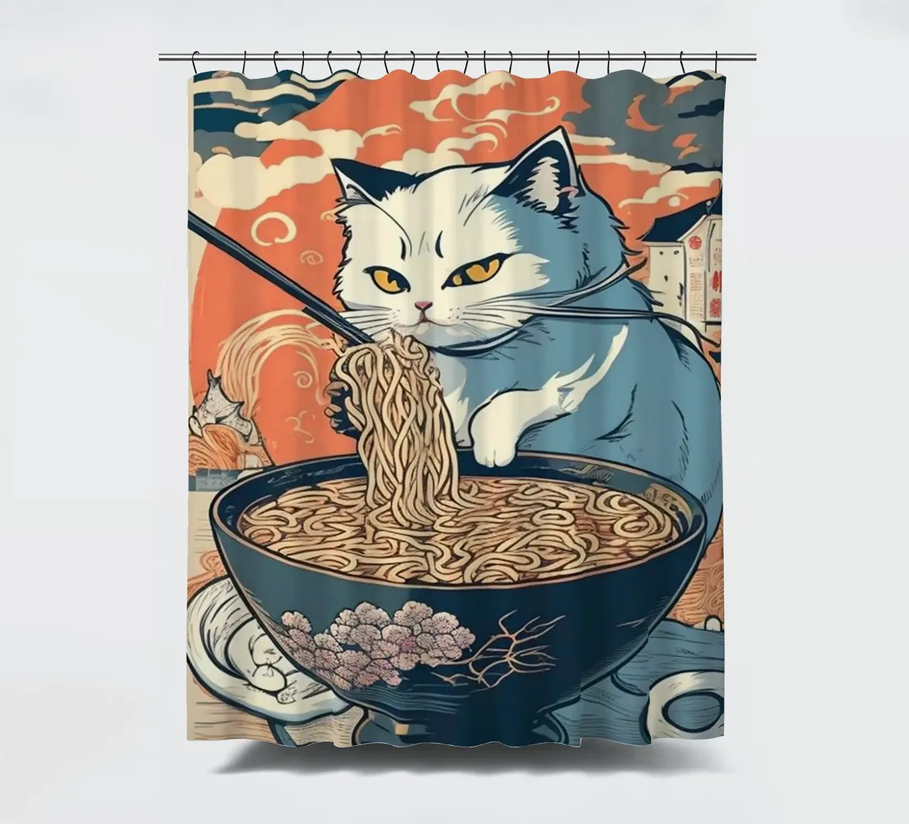 Gatto Tagliatelle giapponesi Ramen Kawaii tenda da doccia da Michel Studio