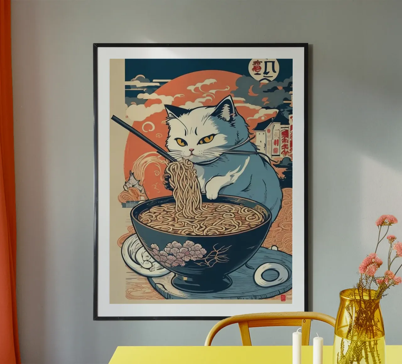 Gatto Tagliatelle giapponesi Ramen Kawaii poster con telaio in legno da Michel Studio