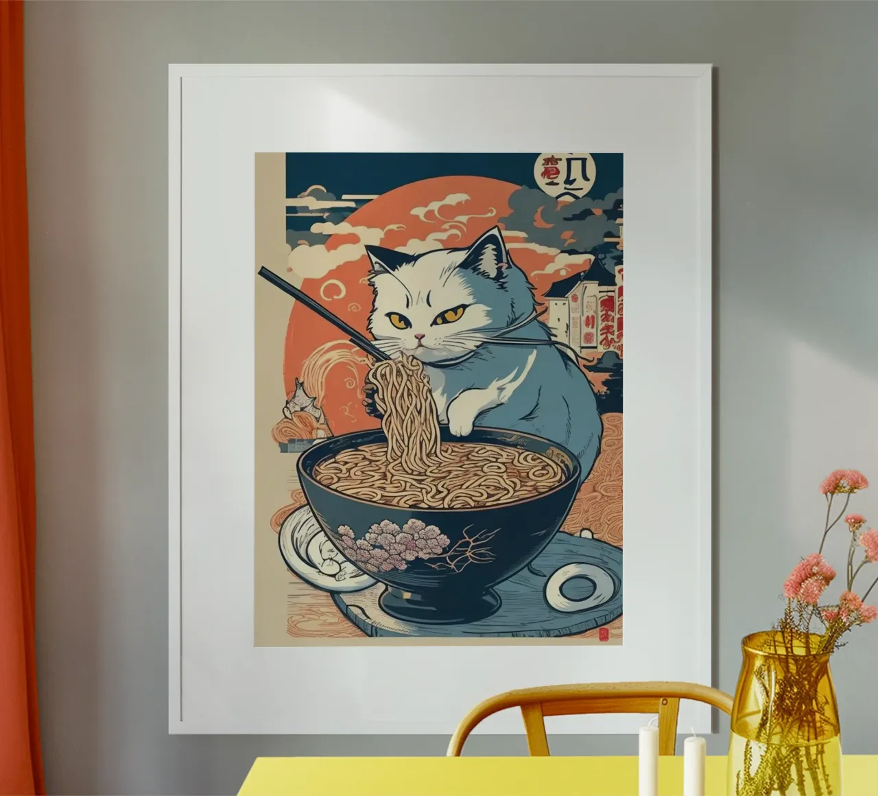 Gatto Tagliatelle giapponesi Ramen Kawaii poster con telaio in legno da Michel Studio