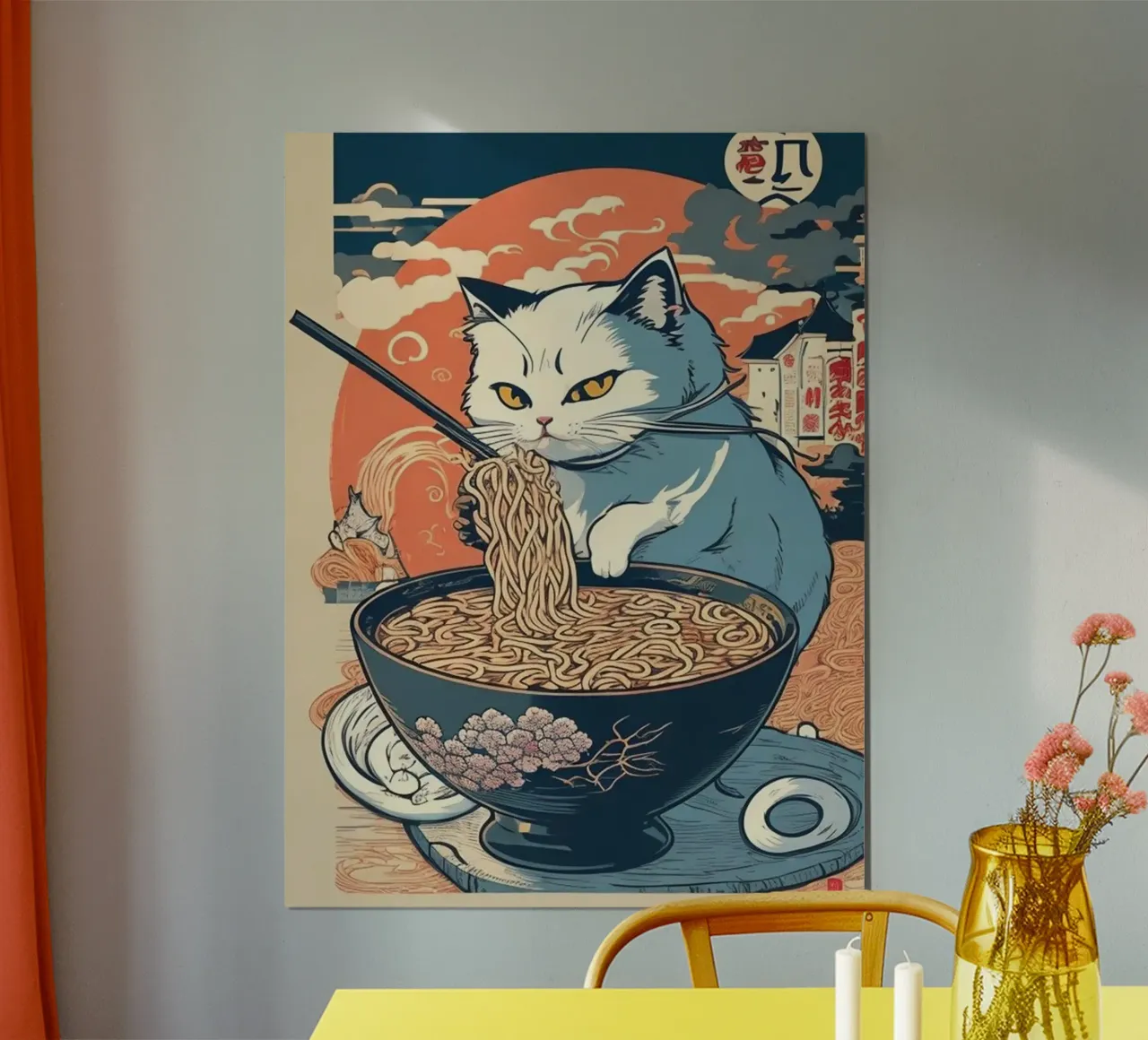 Gatto Tagliatelle giapponesi Ramen Kawaii poster con telaio in legno da Michel Studio