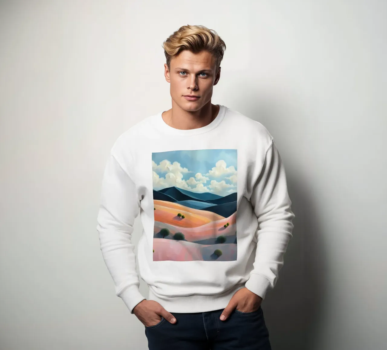 Colline colorate e ondulate sotto un cielo luminoso con nuvole soffici felpa da DesignDoodle