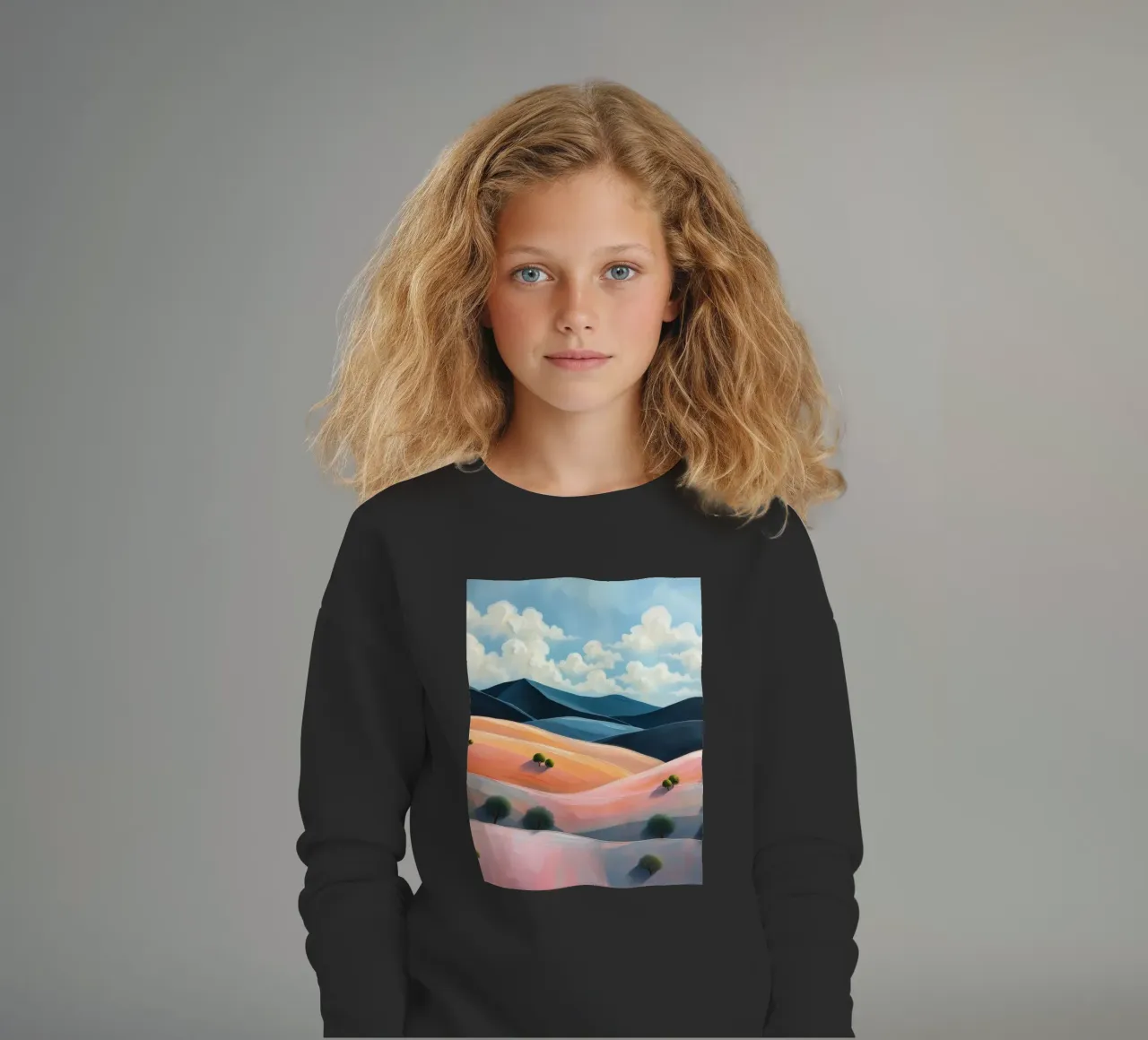 Colline colorate e ondulate sotto un cielo luminoso con nuvole soffici felpa bambino da DesignDoodle