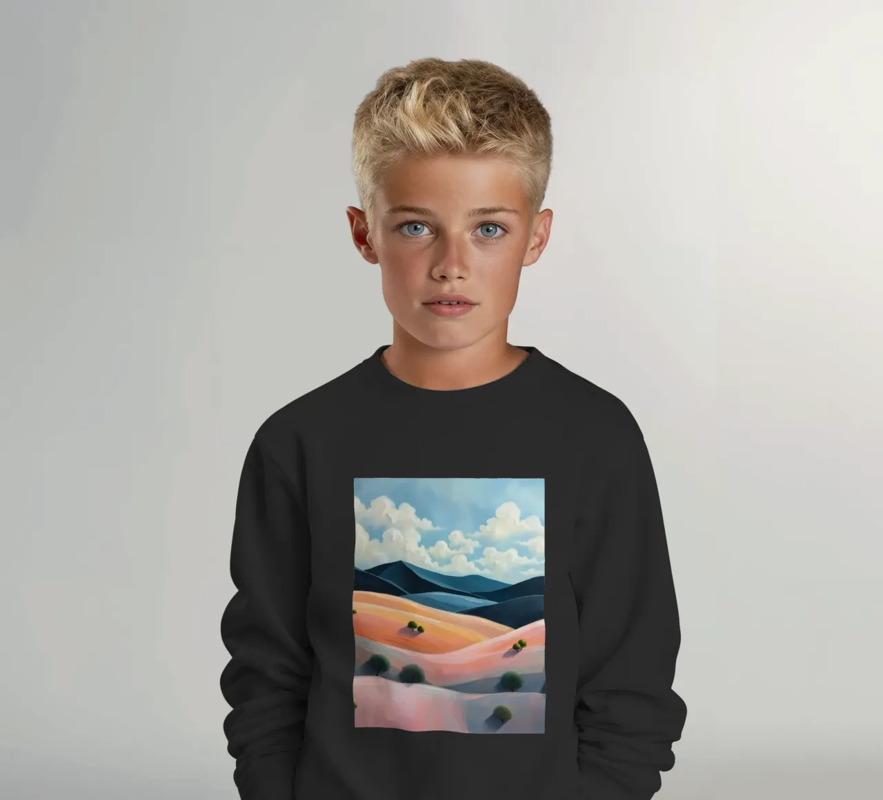Colline colorate e ondulate sotto un cielo luminoso con nuvole soffici felpa bambino da DesignDoodle