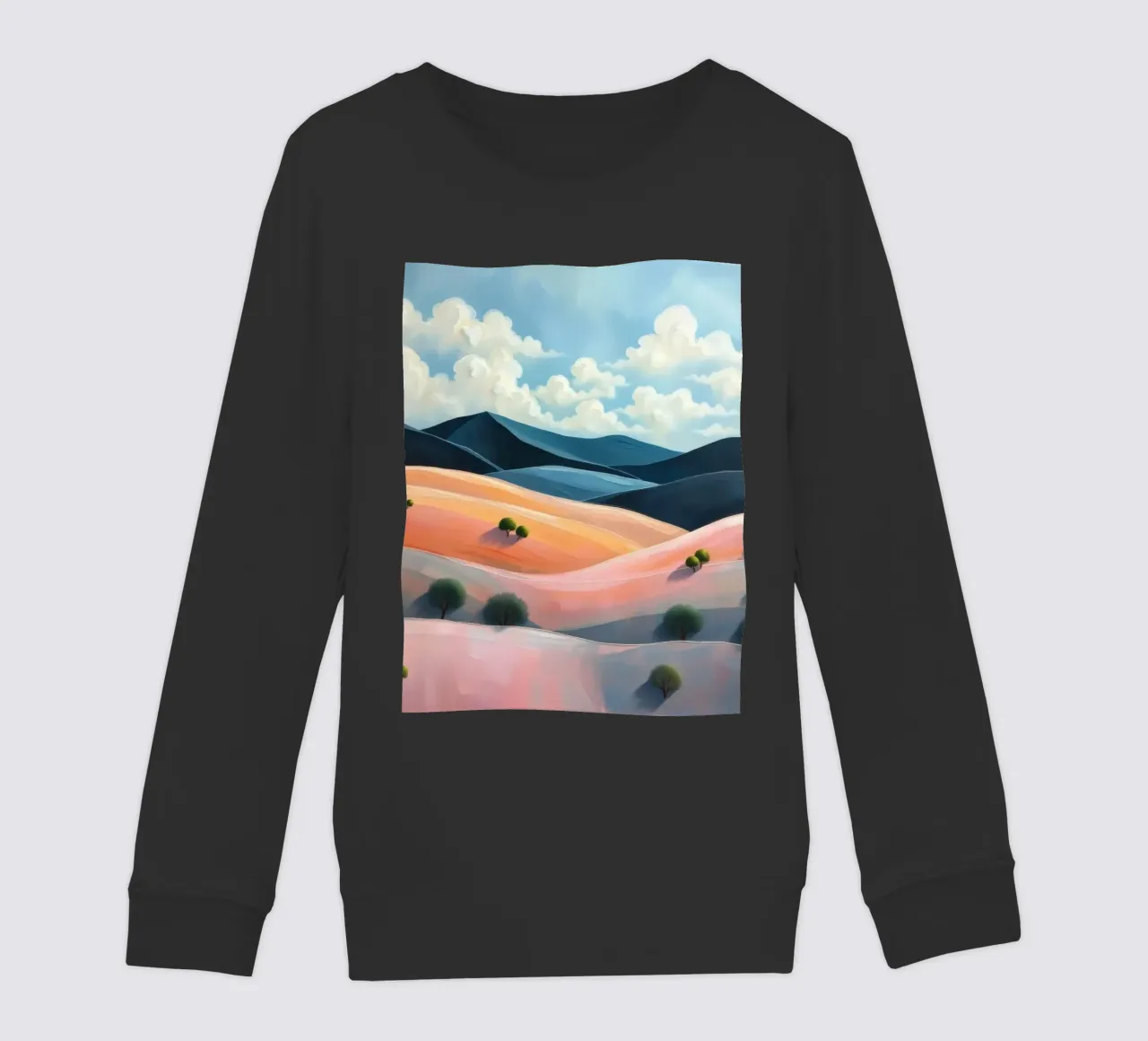 Colline colorate e ondulate sotto un cielo luminoso con nuvole soffici felpa bambino da DesignDoodle