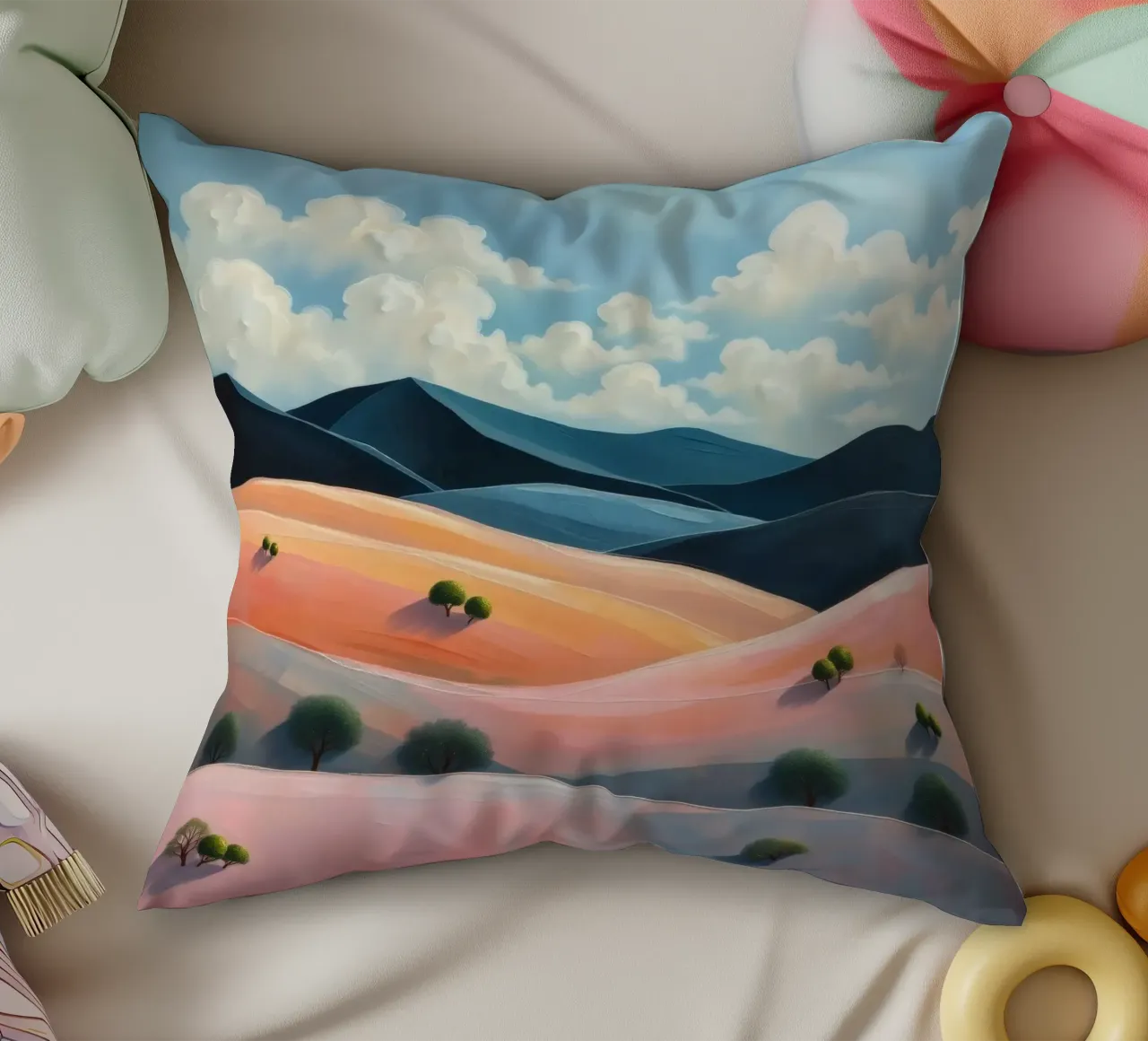 Colline colorate e ondulate sotto un cielo luminoso con nuvole soffici cuscino da DesignDoodle