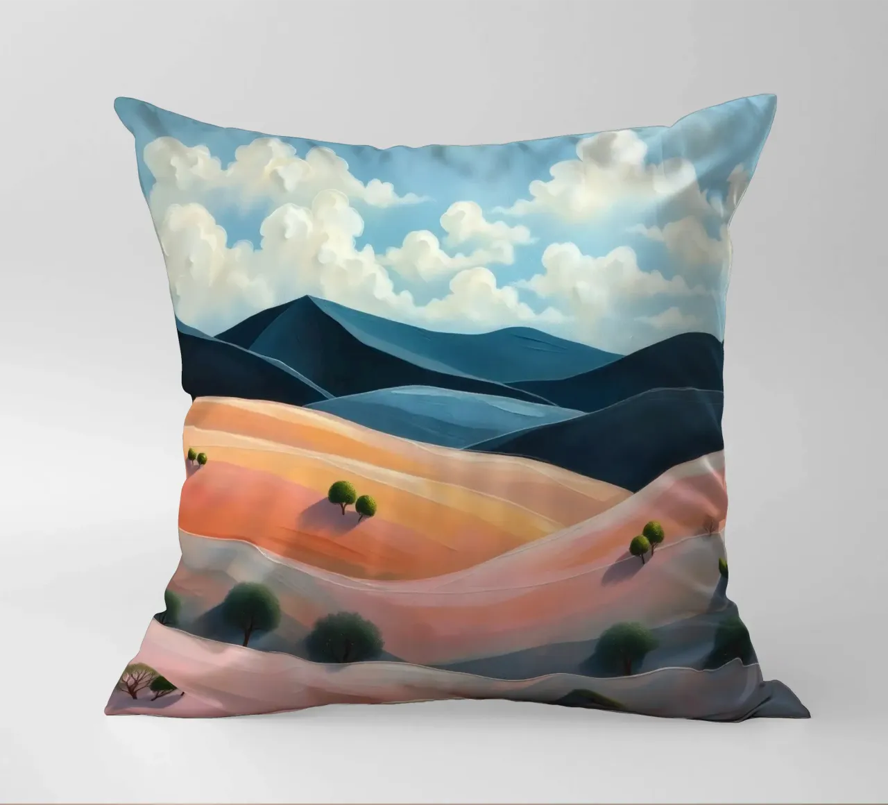 Colline colorate e ondulate sotto un cielo luminoso con nuvole soffici cuscino da DesignDoodle