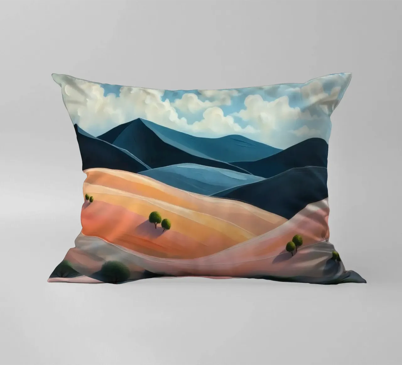 Colline colorate e ondulate sotto un cielo luminoso con nuvole soffici cuscino da DesignDoodle