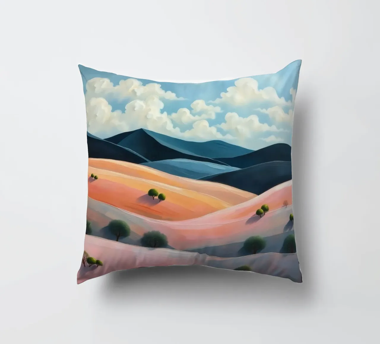 Colline colorate e ondulate sotto un cielo luminoso con nuvole soffici cuscino da DesignDoodle