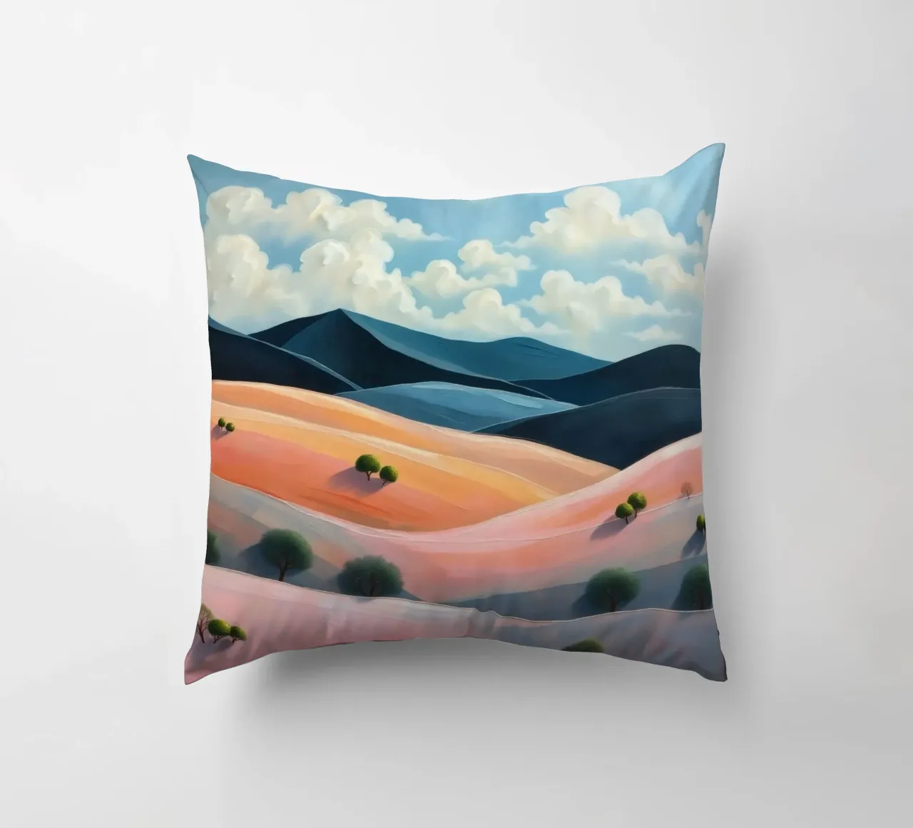 Colline colorate e ondulate sotto un cielo luminoso con nuvole soffici cuscino da DesignDoodle