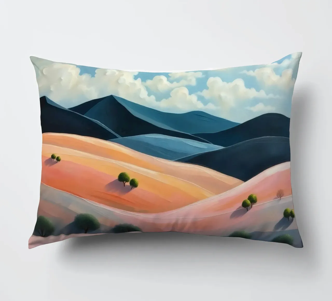 Colline colorate e ondulate sotto un cielo luminoso con nuvole soffici cuscino da DesignDoodle