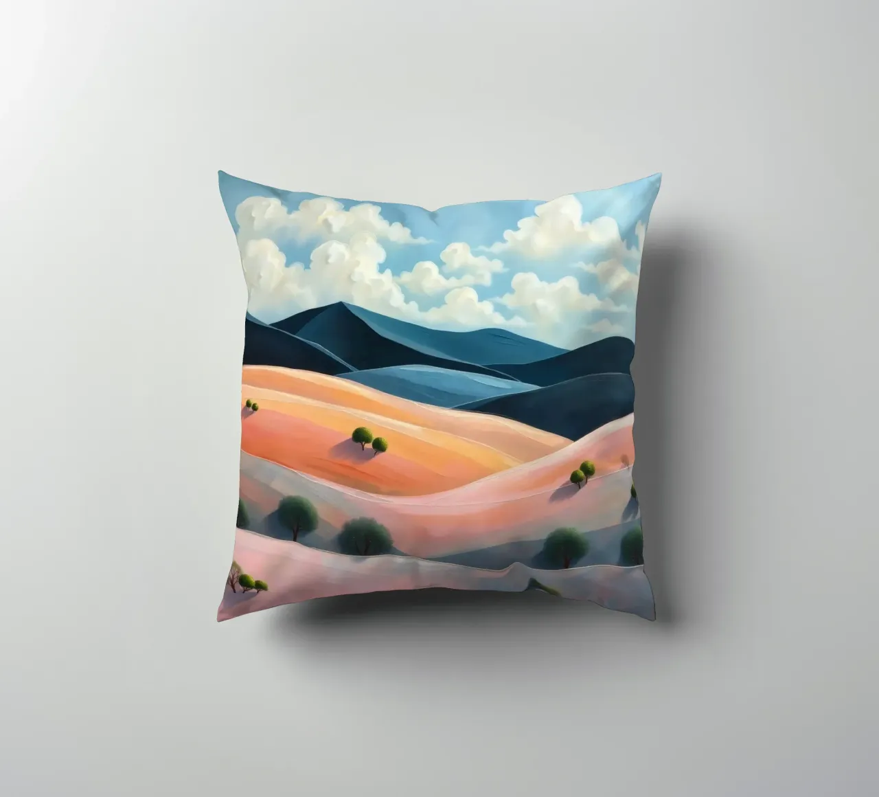 Colline colorate e ondulate sotto un cielo luminoso con nuvole soffici cuscino da DesignDoodle