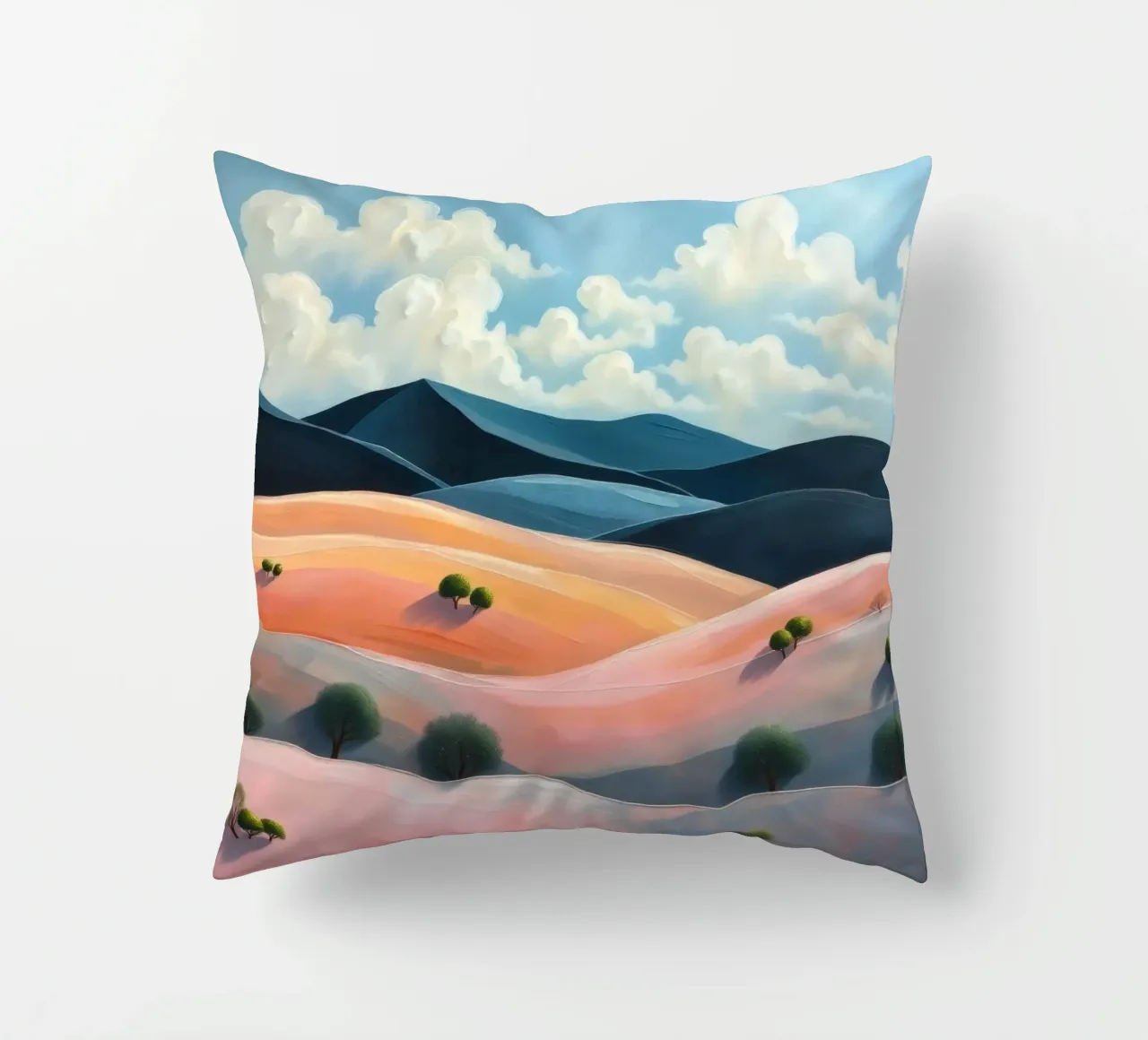 Colline colorate e ondulate sotto un cielo luminoso con nuvole soffici cuscino da DesignDoodle