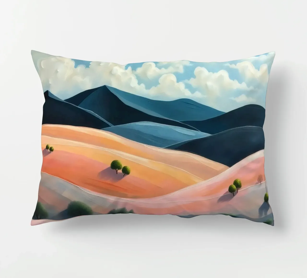 Colline colorate e ondulate sotto un cielo luminoso con nuvole soffici cuscino da DesignDoodle