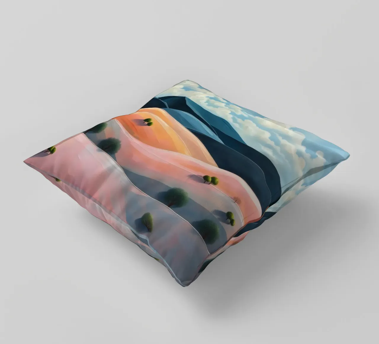 Colline colorate e ondulate sotto un cielo luminoso con nuvole soffici cuscino da DesignDoodle