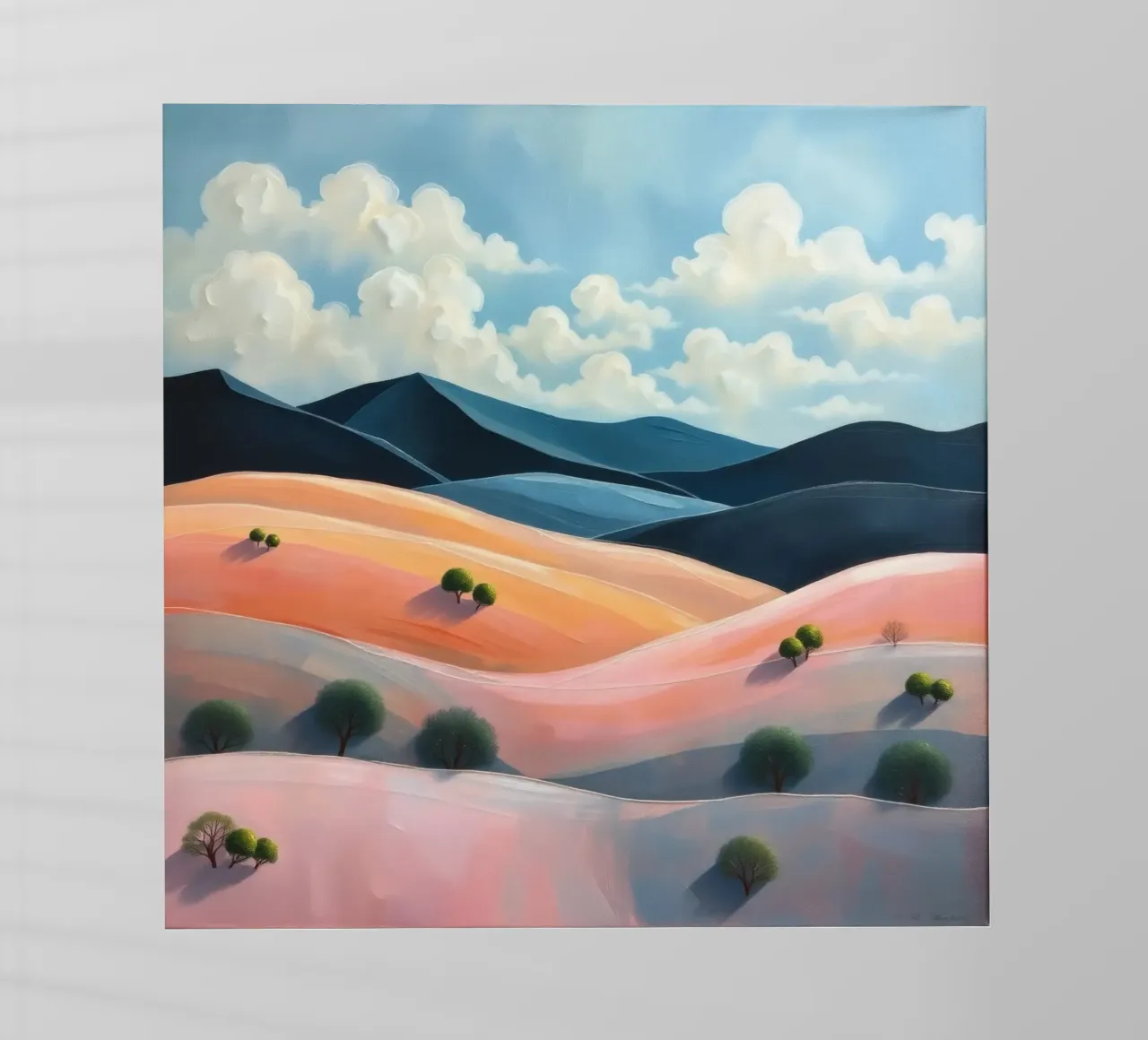 Colline colorate e ondulate sotto un cielo luminoso con nuvole soffici pellicola backlit da DesignDoodle