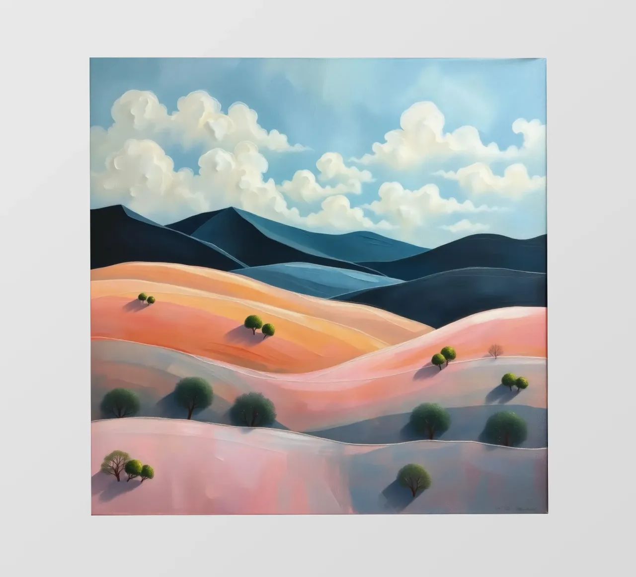 Colline colorate e ondulate sotto un cielo luminoso con nuvole soffici pellicola backlit da DesignDoodle