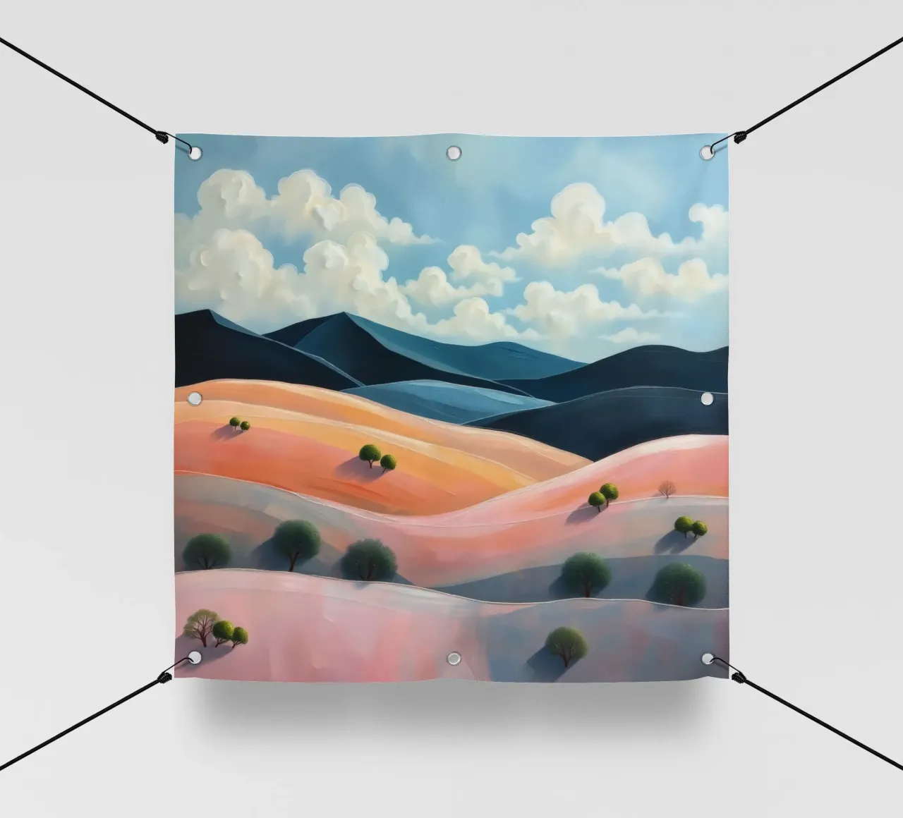 Colline colorate e ondulate sotto un cielo luminoso con nuvole soffici telo in pvc da DesignDoodle