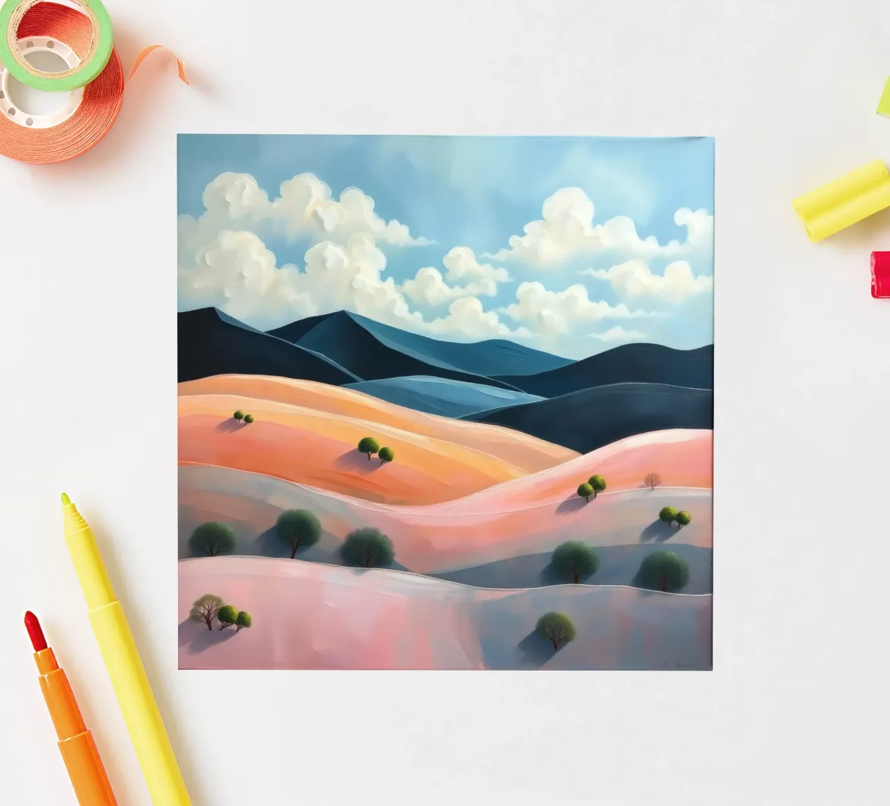 Colline colorate e ondulate sotto un cielo luminoso con nuvole soffici adesivo da DesignDoodle